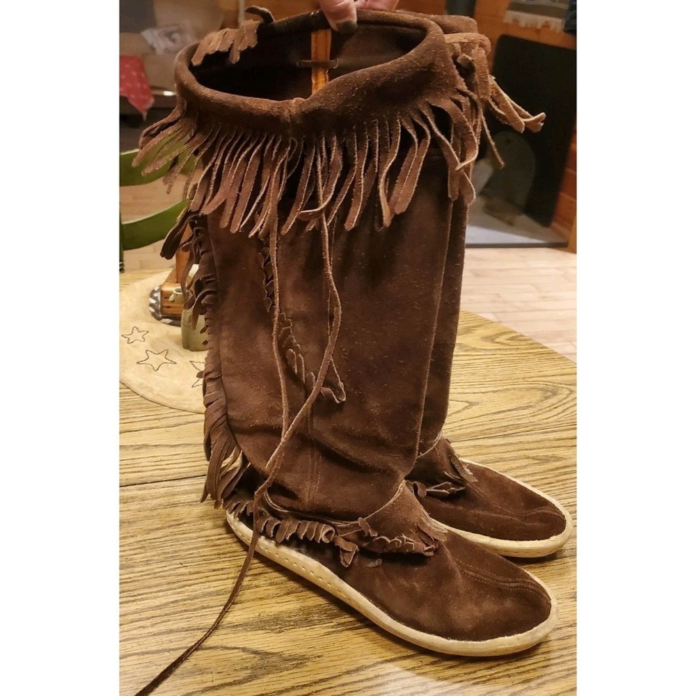 Vintage Handmade Brown‎ Seude Leather Calf High Moccasins Boots Womens 9.5